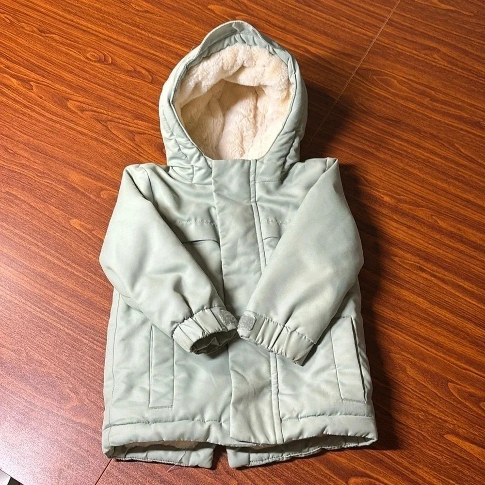 Cat & Jack Toddler Solid Green Parka Faux Fur Lined Jacket Size 18M